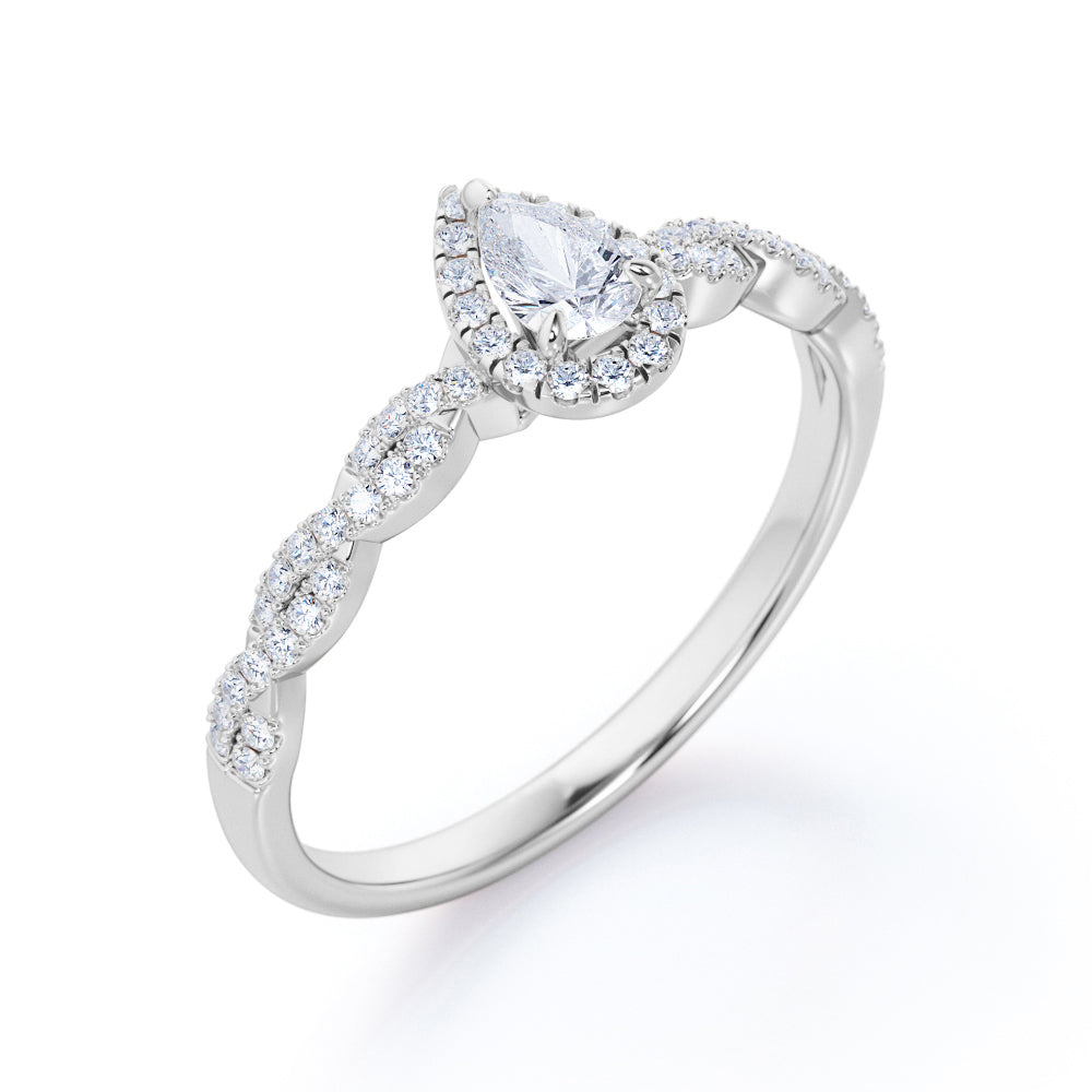 Infinity twist 0.5 carat Pear shape diamond vintage halo engagement ring in white gold-Promise ring