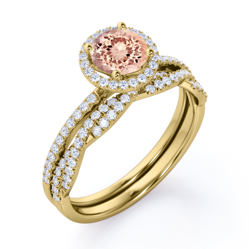 Art Deco Halo 1.65 carat Round cut Morganite and diamonds half pave infinity wedding ring set in White gold