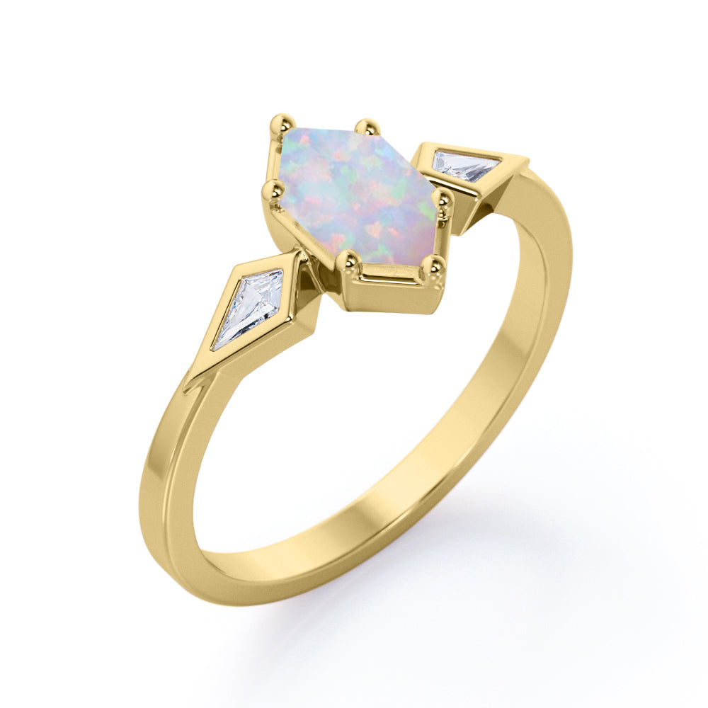 Asymmetric Bezel 1.1 carat Hexagon cut Australian Opal and diamond three stone engagement ring in Rose gold