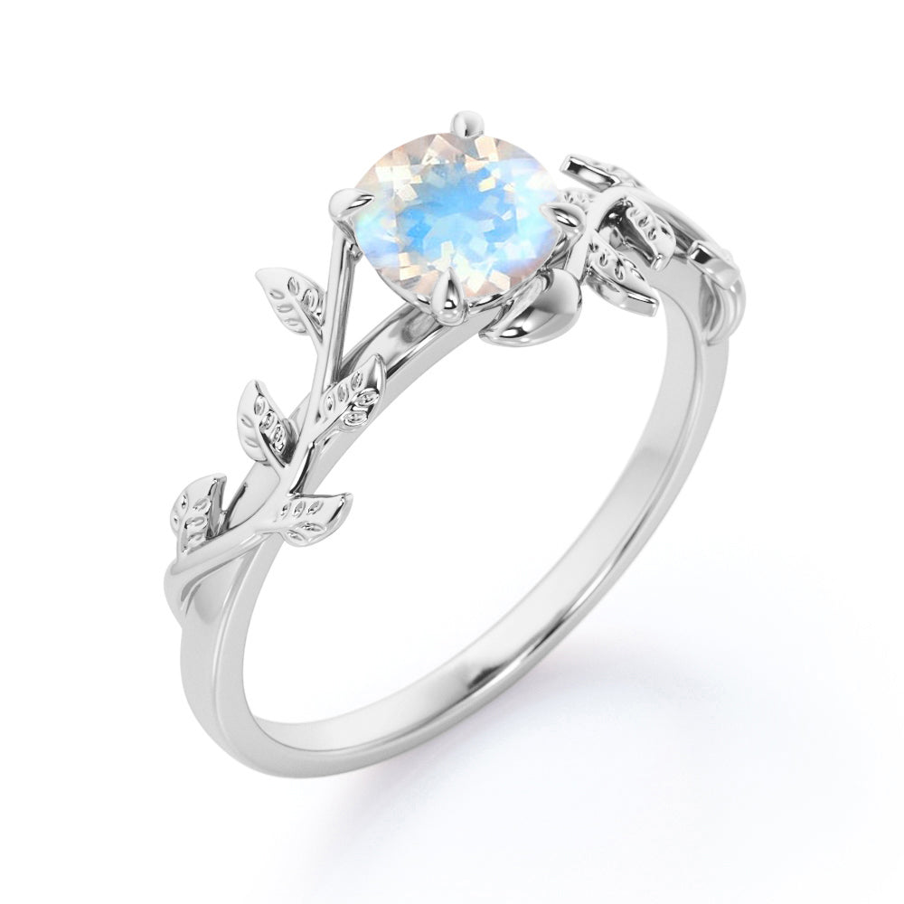 Classic Vine and lead 1 carat Round cut Brilliant Rainbow Moonstone earthy engagement ring in Rose gold