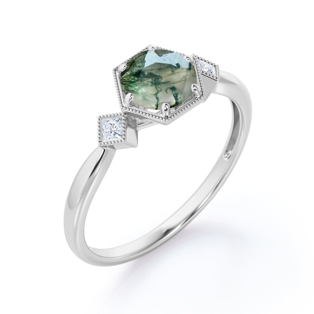 Trillion Bead décor 1.1 carat Round cut Moss Green Agate and diamond tapered engagement ring in Rose gold