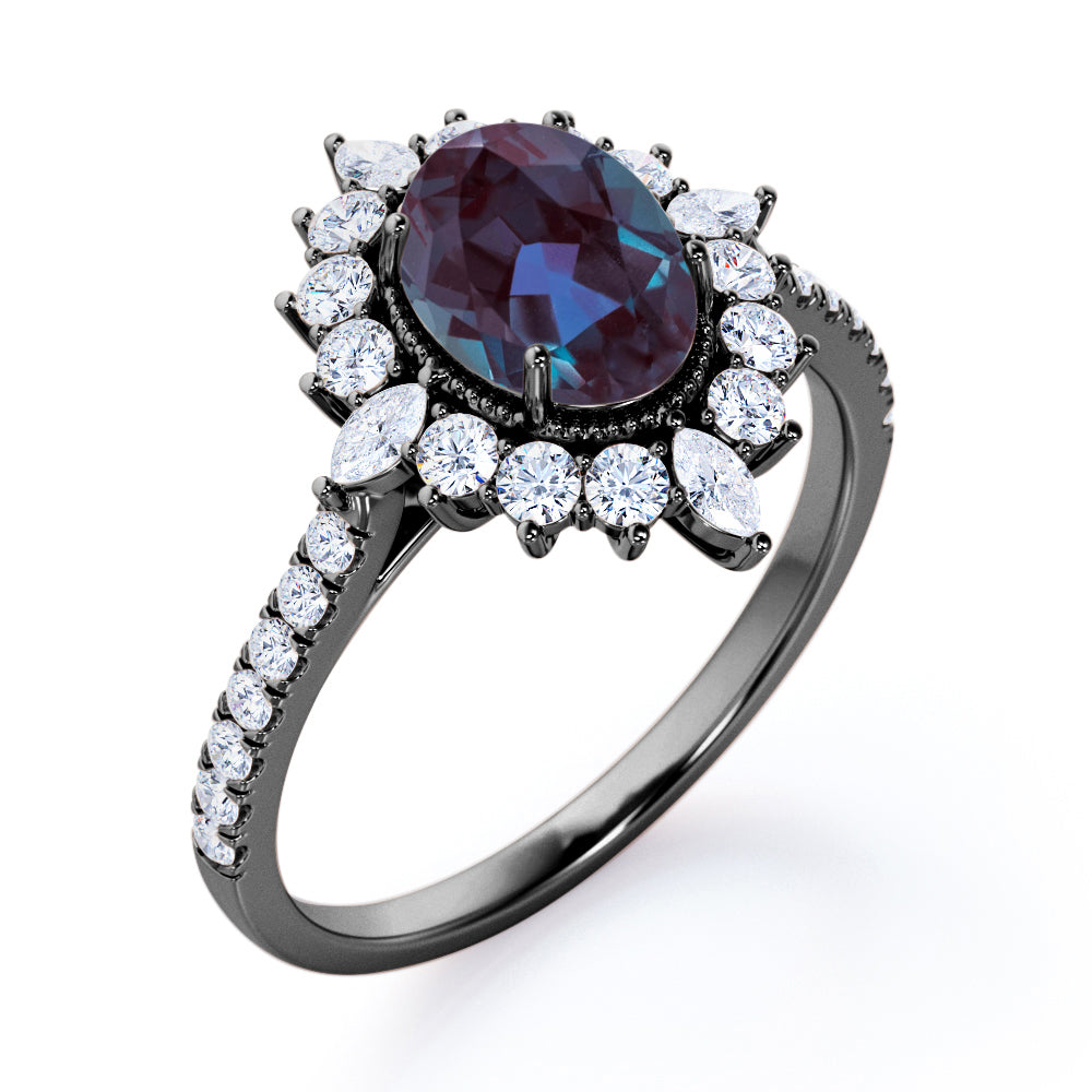Milgrain Halo 1.5 carat Oval cut Lab Made Alexandrite and diamond floral cluster engagement ring in Rose gold