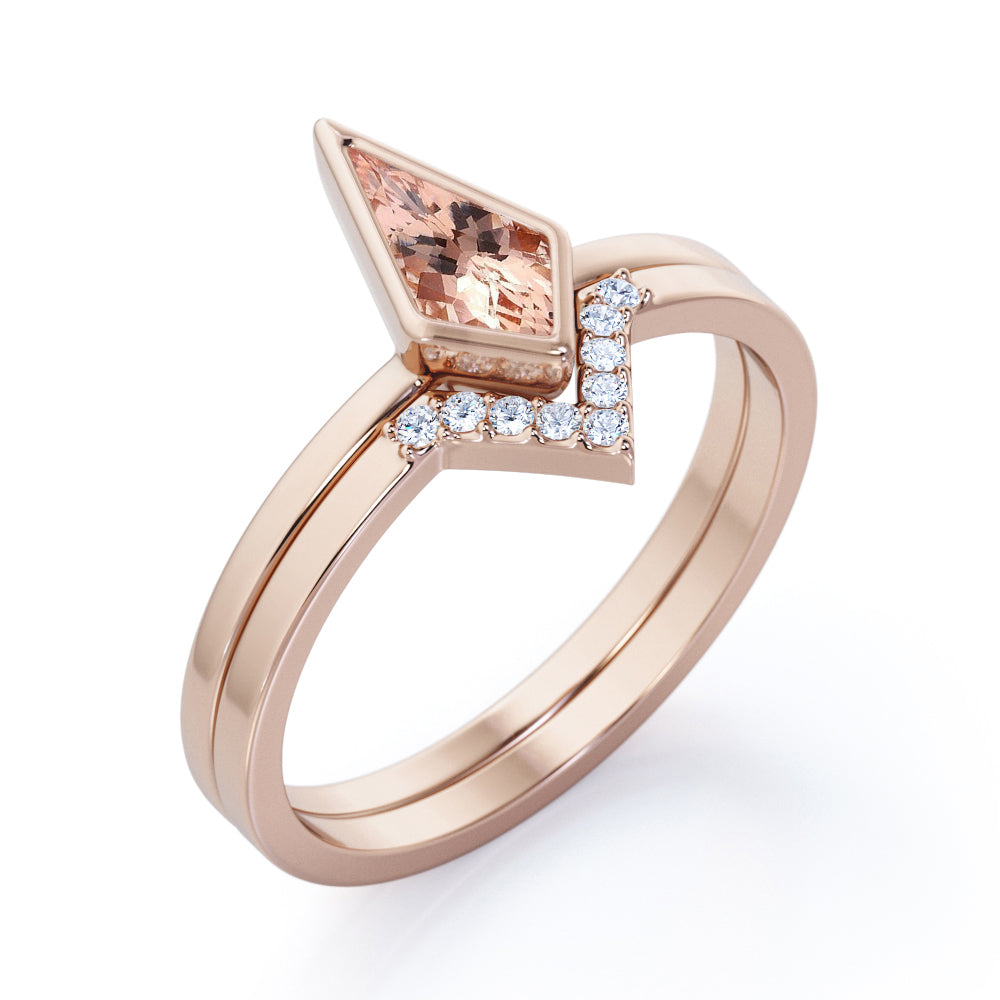 Bezel and tiara chevron 1.15 carat Kite shaped Morganite and diamond vintage Bridal set for women in White gold