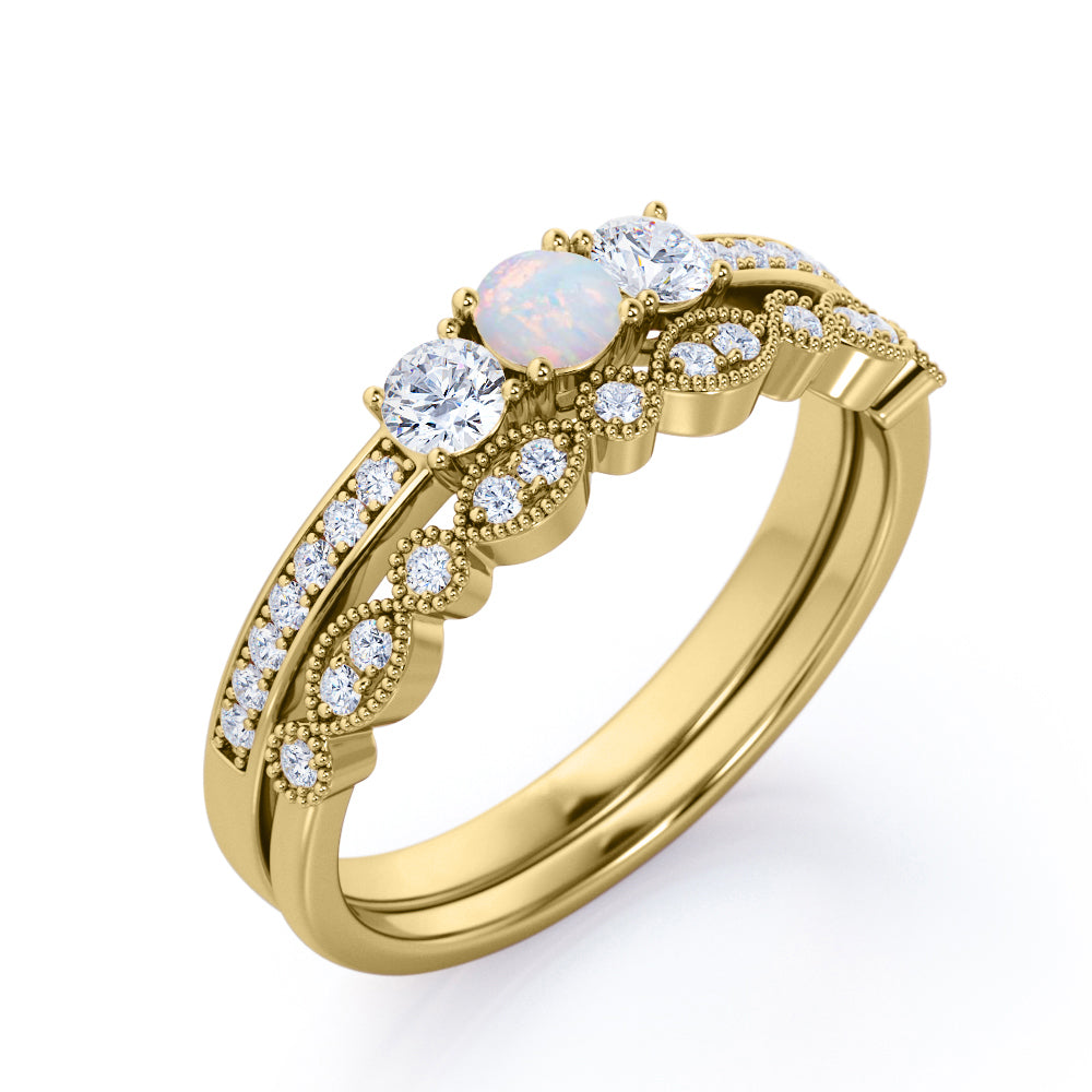 Elegant trilogy 1 carat Round cut Ethiopian Opal and pave diamond Milgrain Bridal set for her in Rose gold