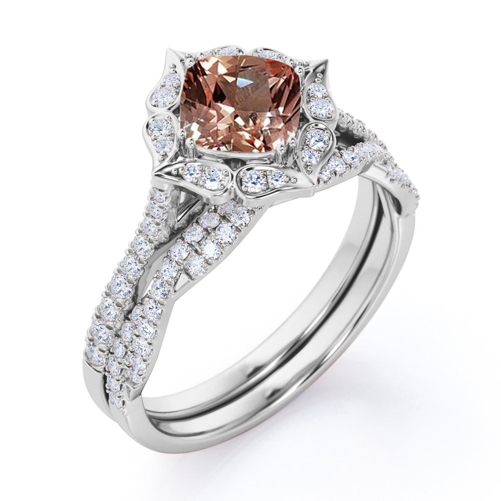 Floral Halo 1.75 carat Cushion cut Peach pink Morganite and diamond - double prong setting - wedding ring set for women