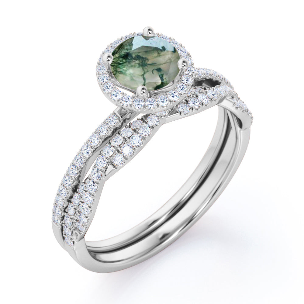 Classic Halo 1.75 carat Round cut Moss Green Agate and diamond Art deco Anniversary ring set for her - Wedding ring set