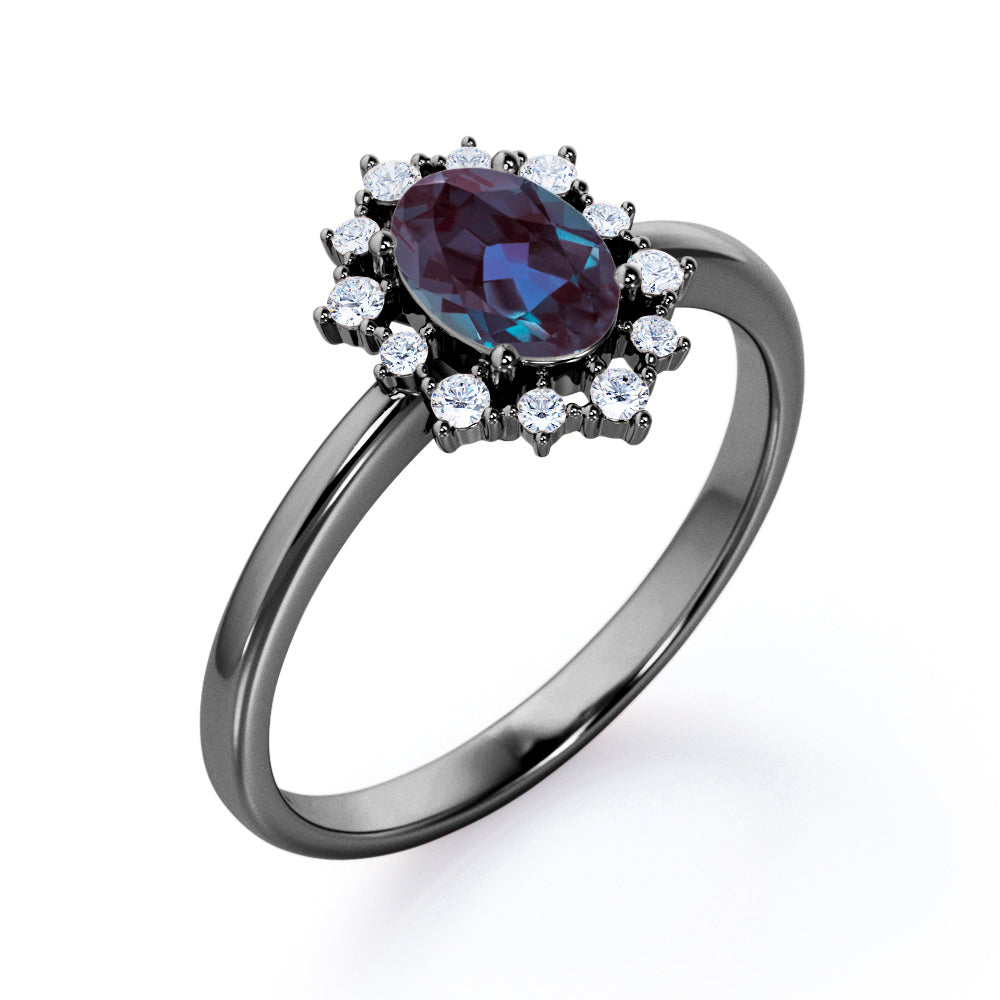 Snowflake Cluster 1.25 carat Oval shaped Alexandrite and diamond floral halo engagement ring in Black gold