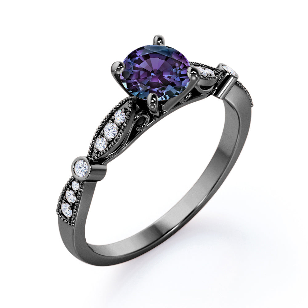 Claw Cathedral setting 1.15 carat Round cut Lab created Alexandrite and diamond art deco engagement ring in White gold