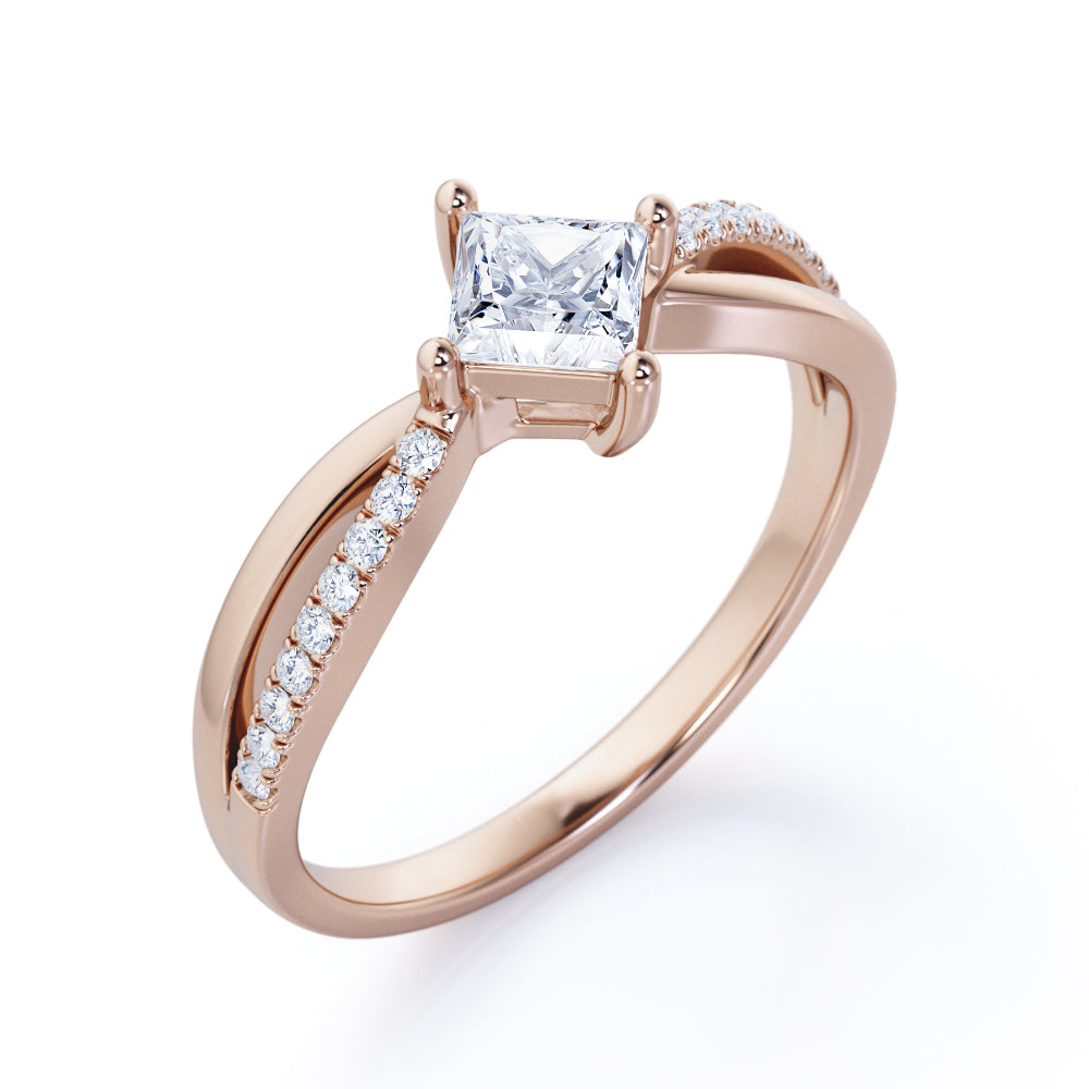 Modern 1.15 carat Princess cut Moissanite and diamond-compass four prong-split shank engagement ring for women
