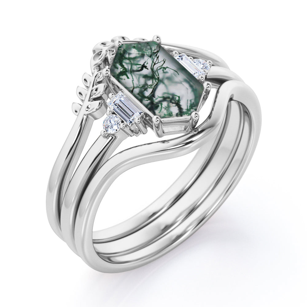 Vintage Double Chevron 1.1 carat Hexagon shaped Moss Green Agate and diamond forest inspired engagement ring in Black gold