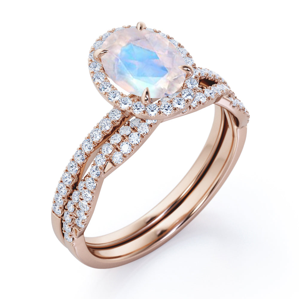 Vintage Halo 1.75 carat Oval cut Moonstone Promise ring and diamond infinity wedding ring band- Bridal set in White gold