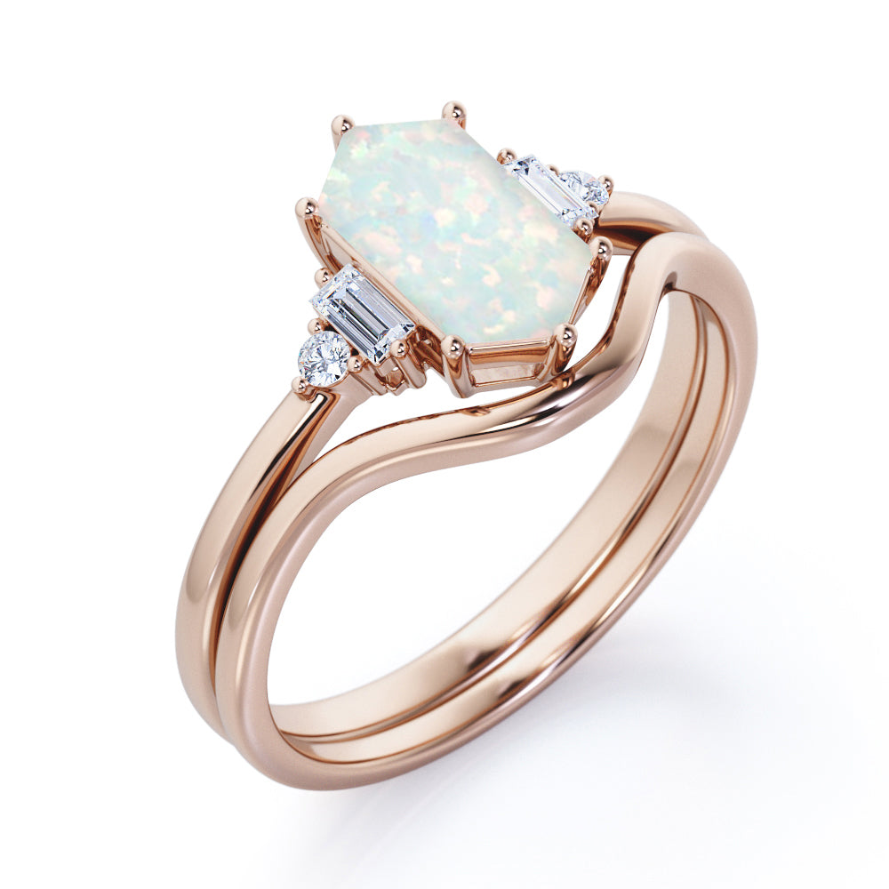 Magnificent 1.15 carat Hexagon cut Opal and diamond engagement ring with U-shaped wedding band in Black gold-Bridal set
