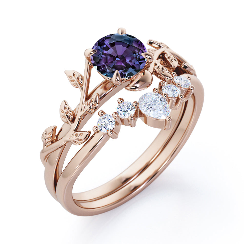 Floral Tiara 1.2 carat Round cut Lab created Alexandrite and diamond claw prong engagement ring in White gold