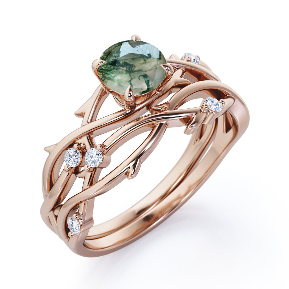 Dainty twig Branch 1.1 carat Round cut Moss Green Agate and diamond floral style wedding ring set in Black gold