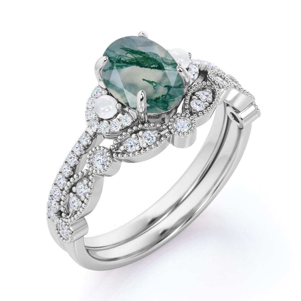 Victorian style Milgrain 1.55 carat Oval cut Moss Green Agate, diamond and pearl art nouveau Bridal set for women in Rose gold