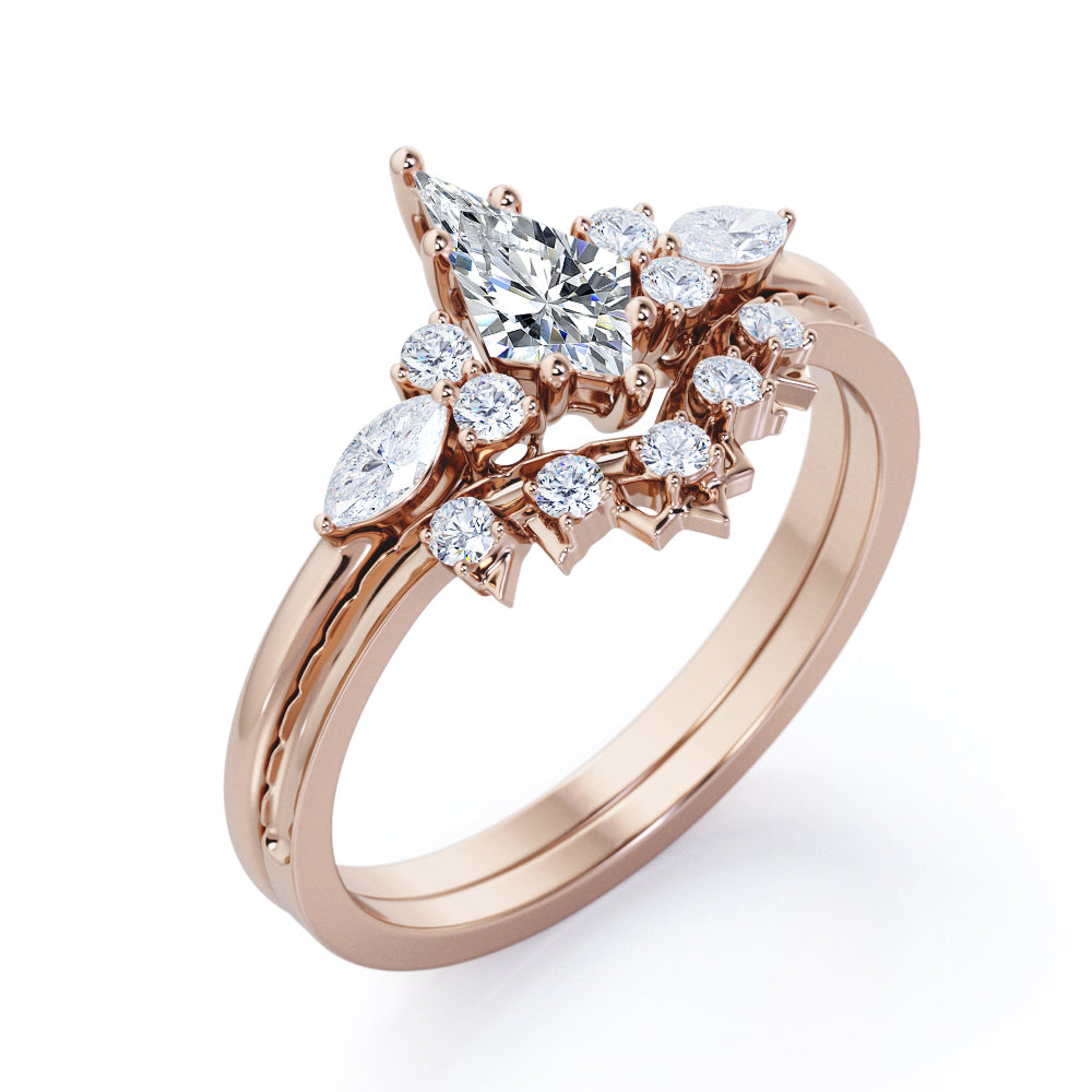 Vintage Royal inspired 1.35 carat Kite shaped Moissanite and diamond art deco wedding ring set in White gold