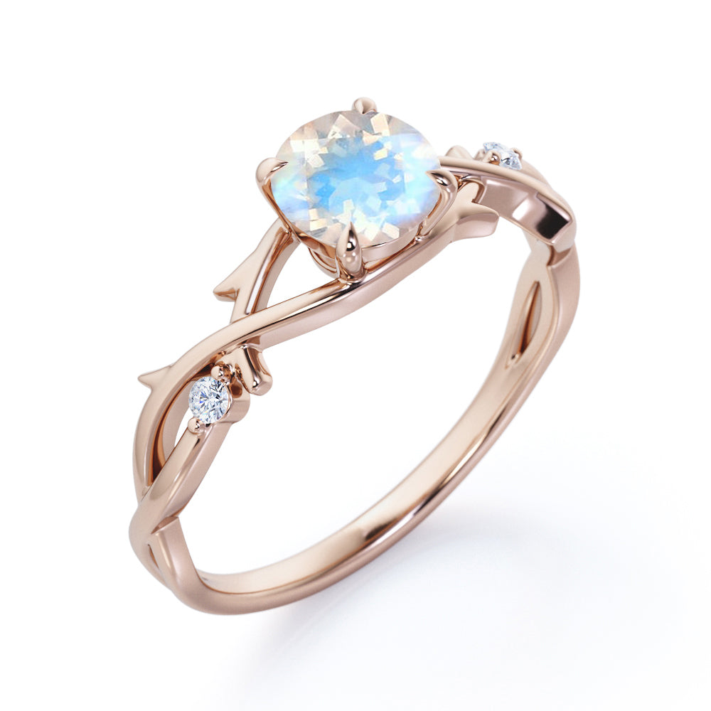Dainty Branchlet 1.1 carat Round cut Blue Moonstone and diamond nature inspired engagement ring in Black gold