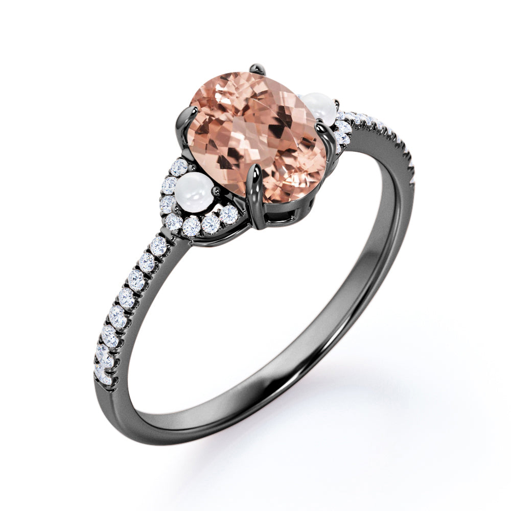 Art Nouveau inspired 1.5 carat Oval cut Morganite, diamond and pearl engagement ring in White gold