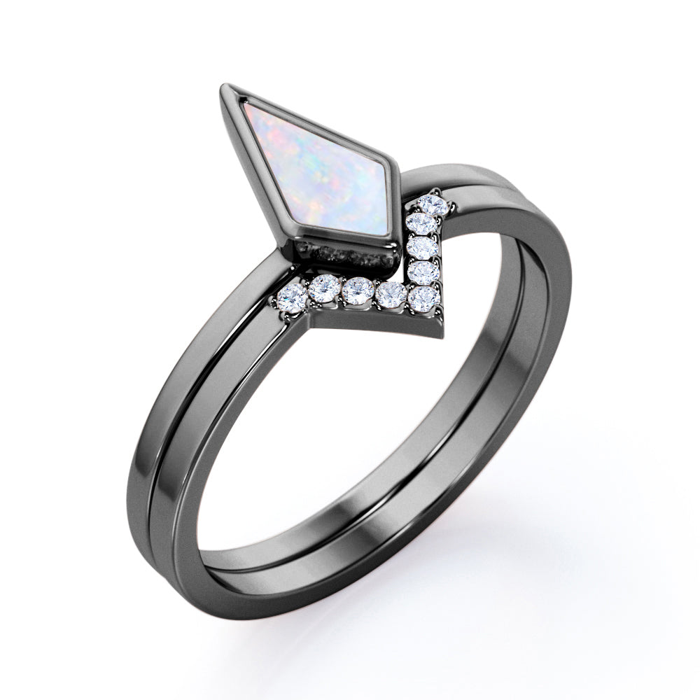 Bezel Crown 1.10 carat Kite Cut Opal and pave diamonds vintage tapered shank engagement ring in Rose gold