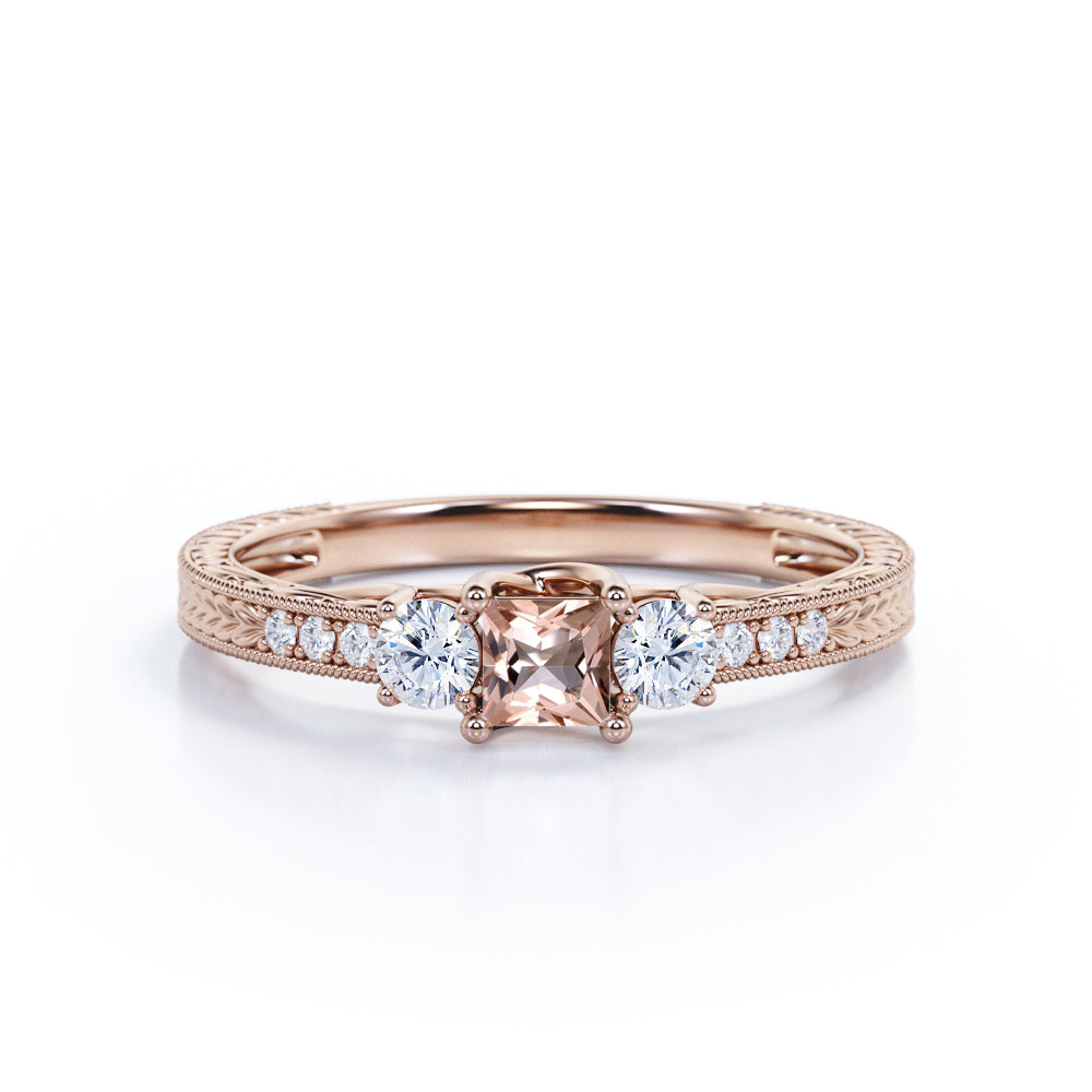 Modern 1.1 carat Princess cut Peach pink Morganite and diamond-3 stone engagement ring-leaf filigree ring for her