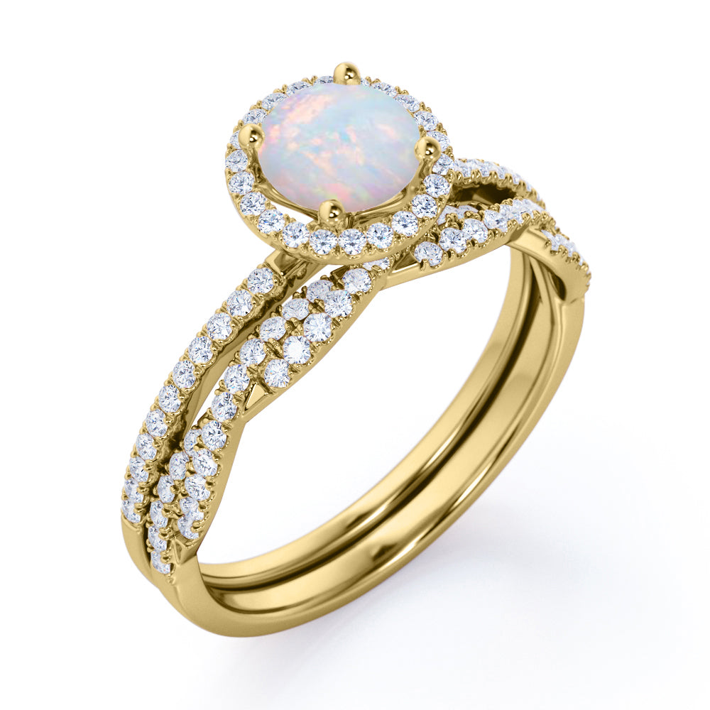 Classic Halo 1.7 carat Round cut Ethiopian Opal with half-infinity diamond Wedding Bridal ring set in White gold