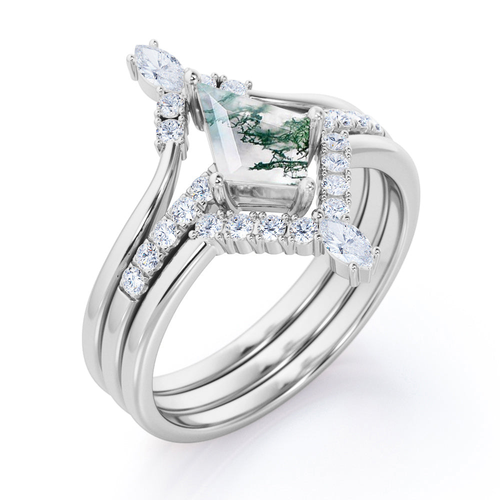 Eccentric Chevron style 1.4 carat Kite shaped Moss Green Agate and diamond trio wedding ring set for women in Rose gold