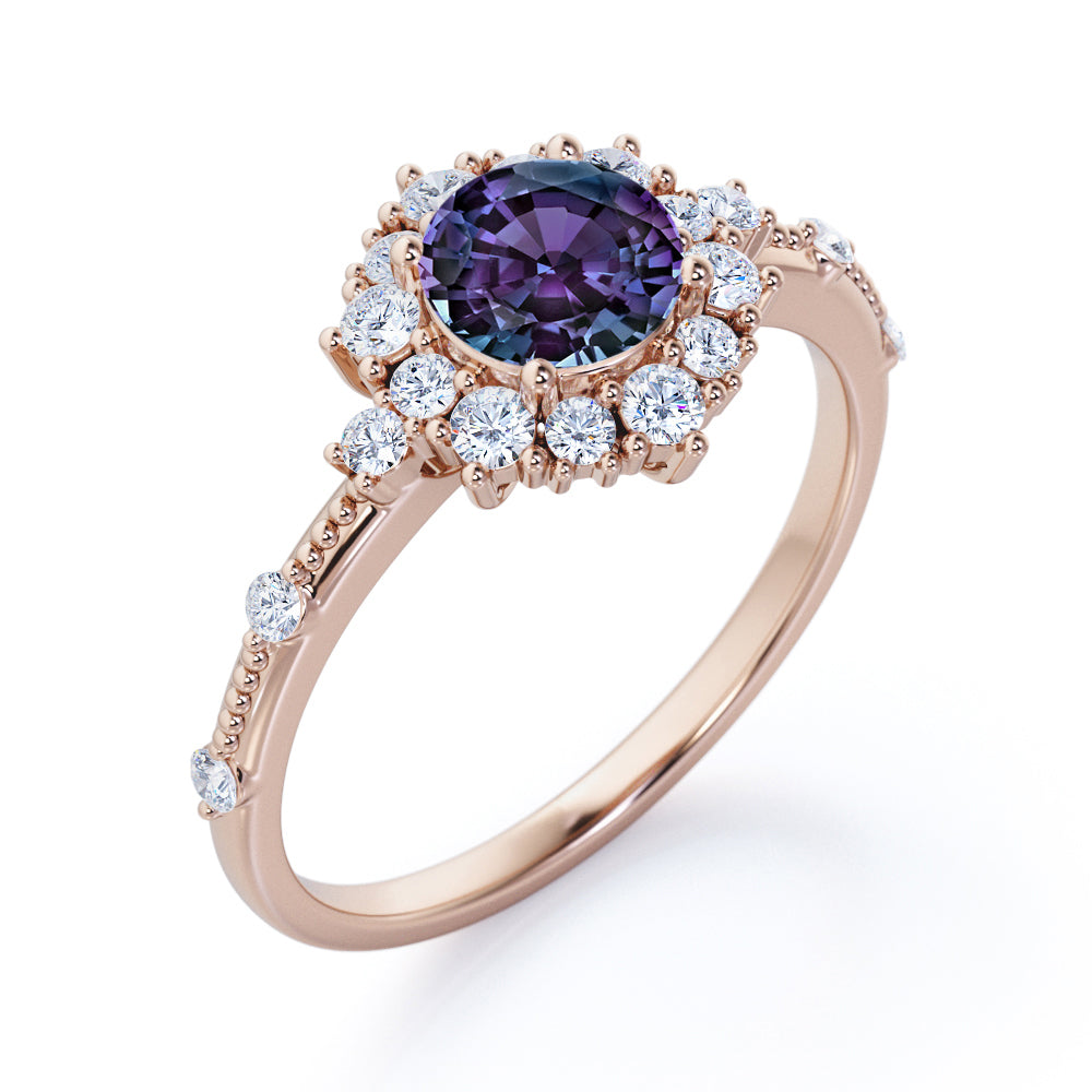 Antique Snowflake Halo 1.35 carat Round cut Synthetic Alexandrite and diamond vintage bead décor engagement ring in Black gold