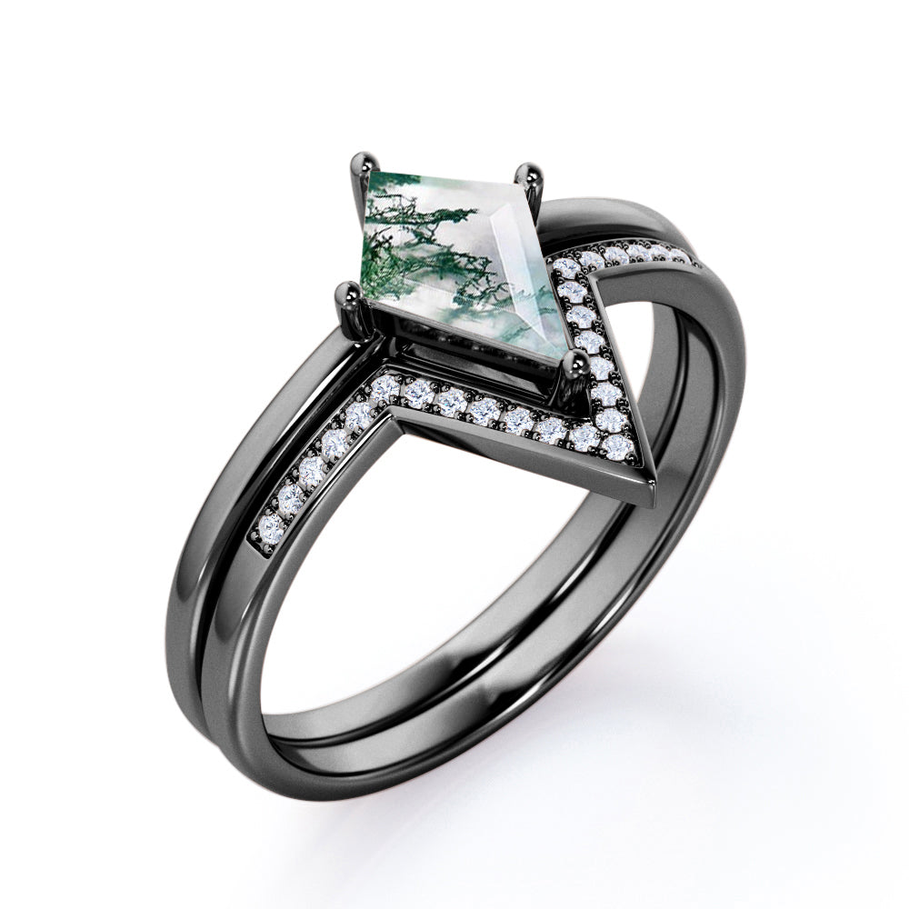 Solitaire Chevron 1.25 carat Kite shaped Moss Green Agate and diamond wedding ring set in Rose gold