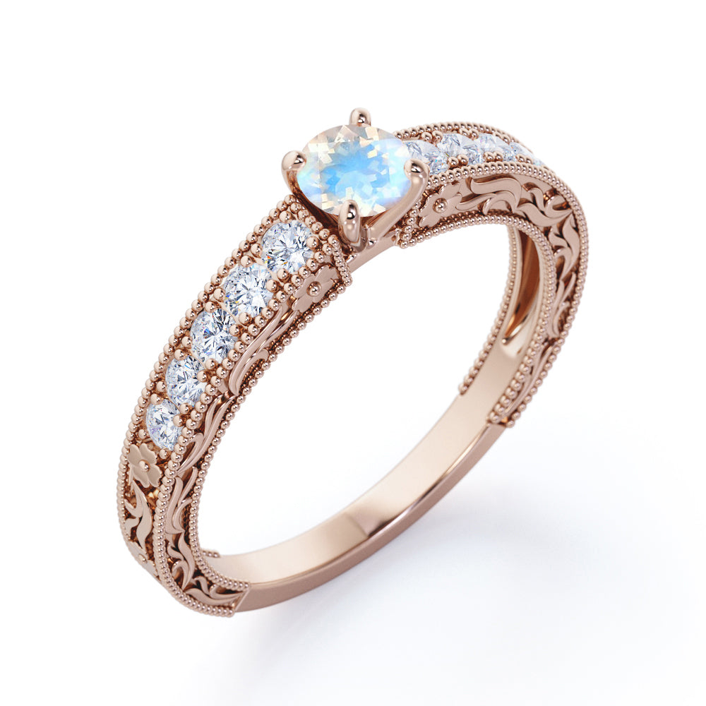 Art deco Cathedral 1.25 carat Round cut Blue Moonstone and diamond Milgrain and Filigree engagement ring in White gold