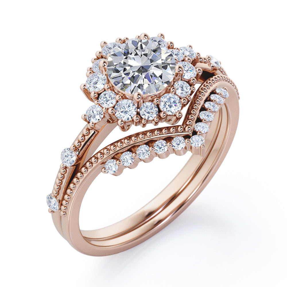 Milgrain Chevron 1.3 carat Round cut Moissanite and diamond art deco inspired wedding ring set for her in Black gold