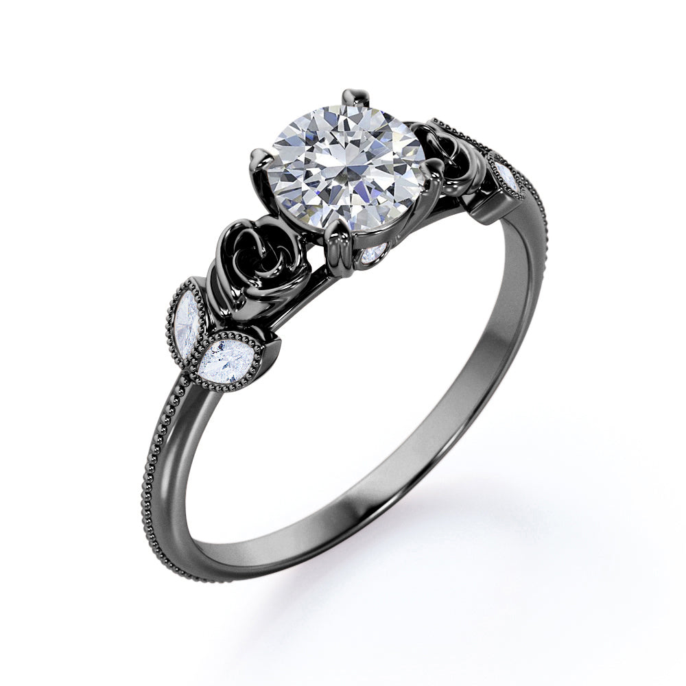 Double roses 1.15 carat Round cut Moissanite and marquise diamonds 4 prong engagement ring in Rose gold
