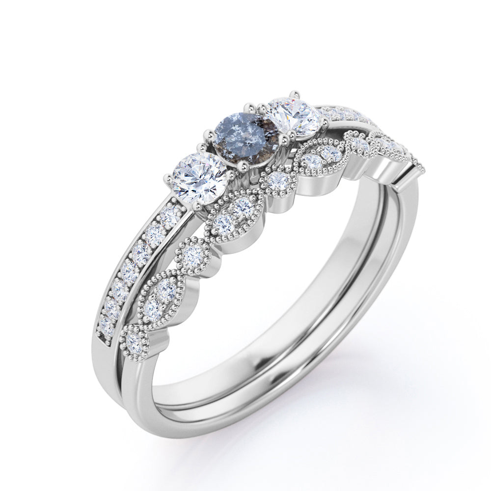 Channel trinity 0.8 carat Round cut Salt and pepper diamond and white diamond bridal wedding ring set in Yellow gold