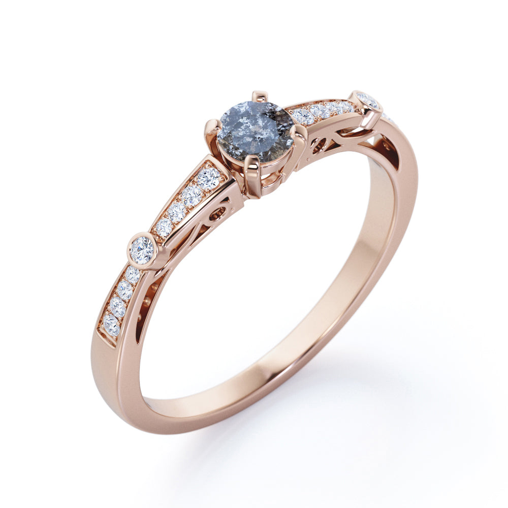 Baguette bands 0.65 carat Round cut Salt and pepper diamond and White diamond tapered style engagement ring in White gold
