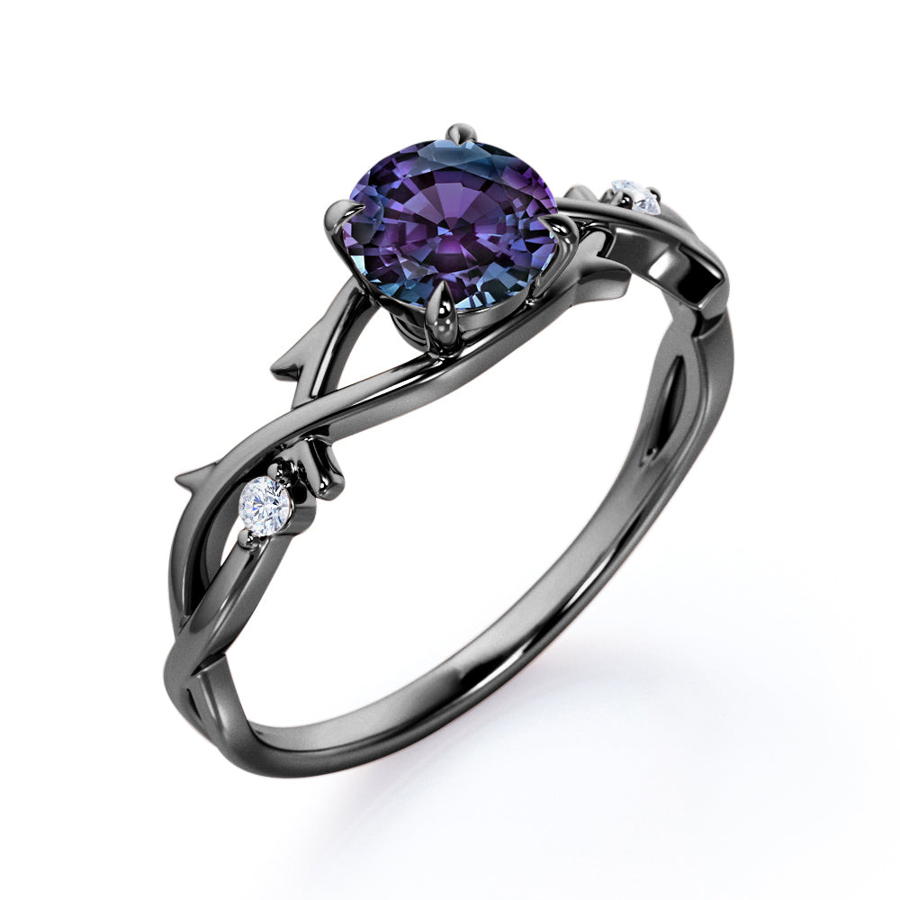 Four Claw Prong 1 carat Round cut Alexandrite and diamond earthy engagement ring in White gold