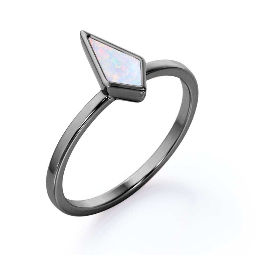 Classic Bezel 1 carat Kite shaped Australian Boulder Opal plain shank engagement ring in White gold