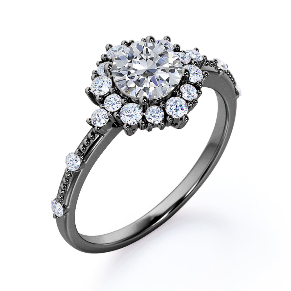 1.2 carat Round cut Moissanite and diamond Milgrain and halo engagement ring for women in rose gold