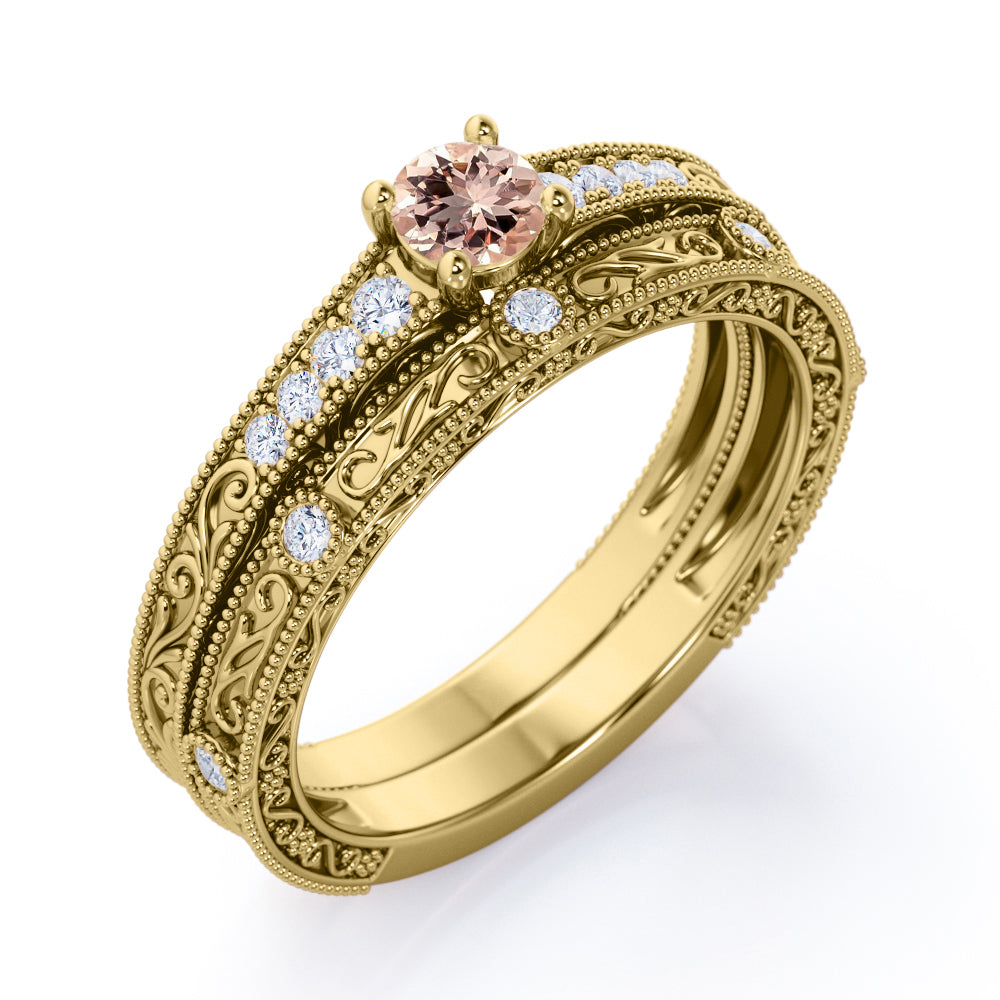 Antique Edwardian Décor 0.65 carat Round cut Peach pink Morganite and Diamond filigree and milgrain wedding ring set in White gold