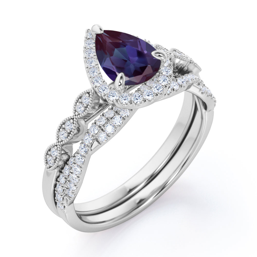 Art Nouveau 1.65 carat Pear cut lab created Alexandrite and diamond Milgrain Edge and infinity wedding ring set for women