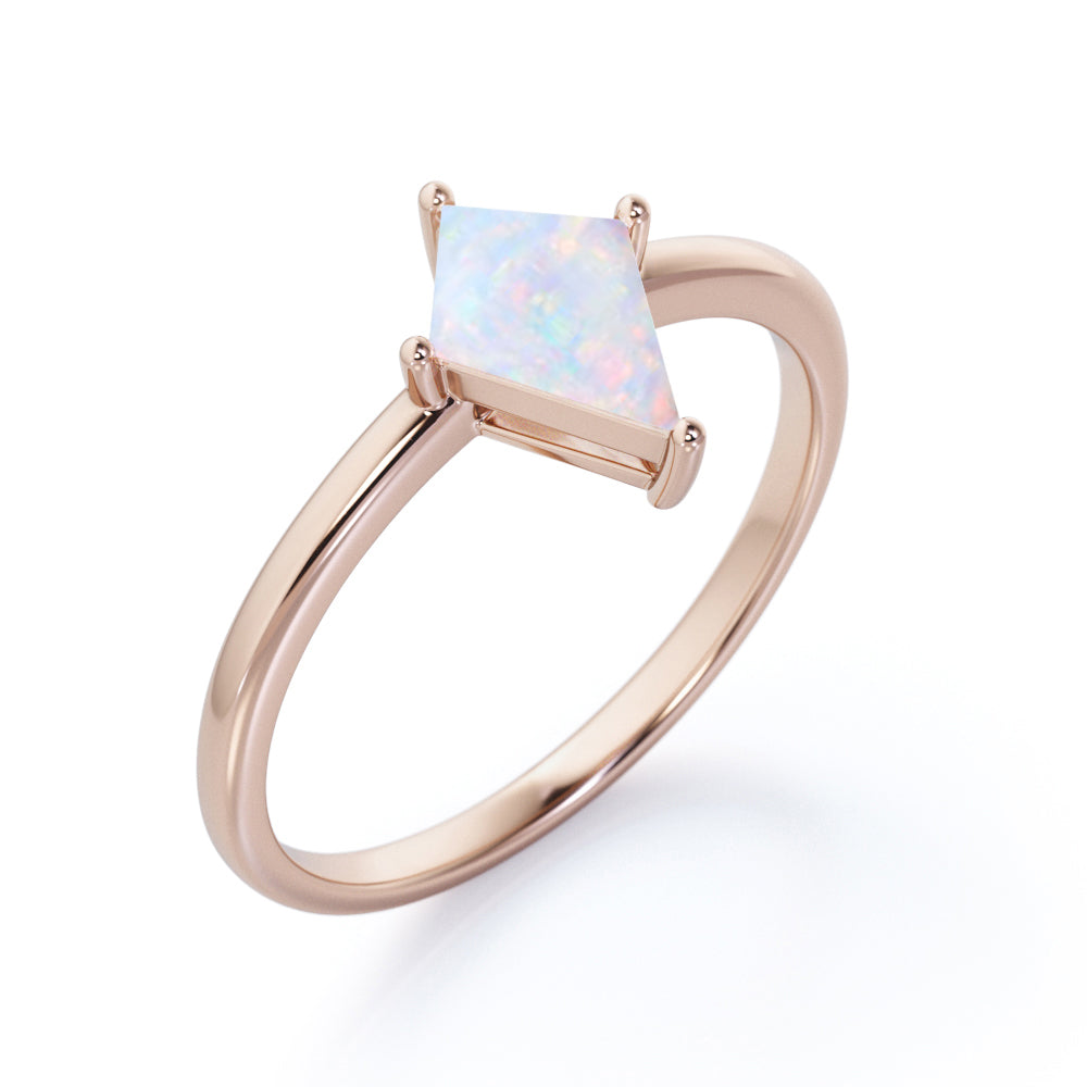 Classic 4 prong 1 carat Kite cut Ethiopian Opal solitaire engagement ring in Black gold