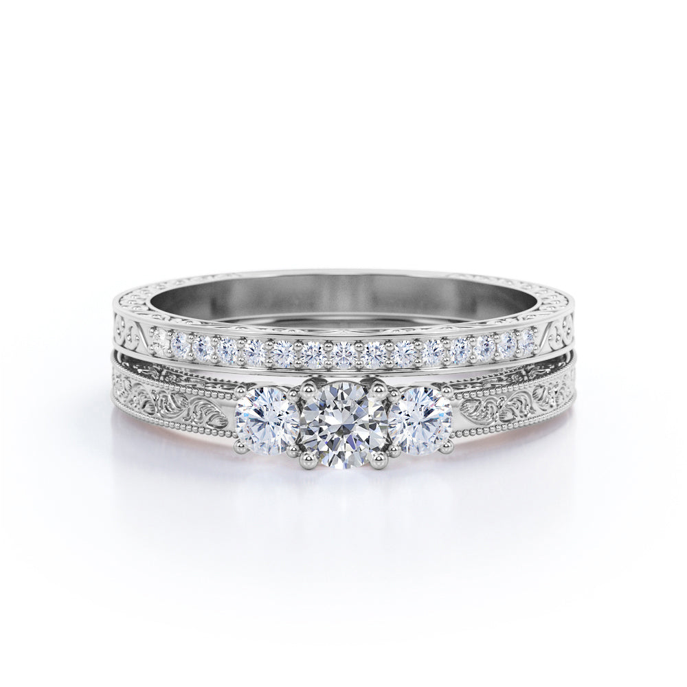 Trio stone 1.20 carat Round cut Moissanite and diamond Milgrain and Filigree Art deco wedding ring set in White gold