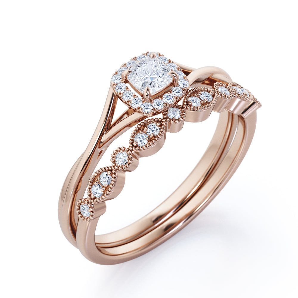 Twisted split shank 0.8 carat Cushion cut Moissanite and diamond milgrain bridal set in White gold