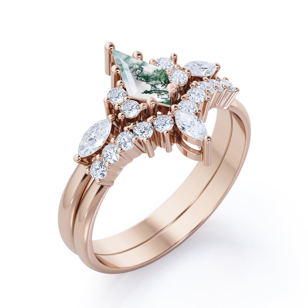 1.3 carat Kite Shaped Moss Green Agate and diamond chevron wedding ring set in White gold
