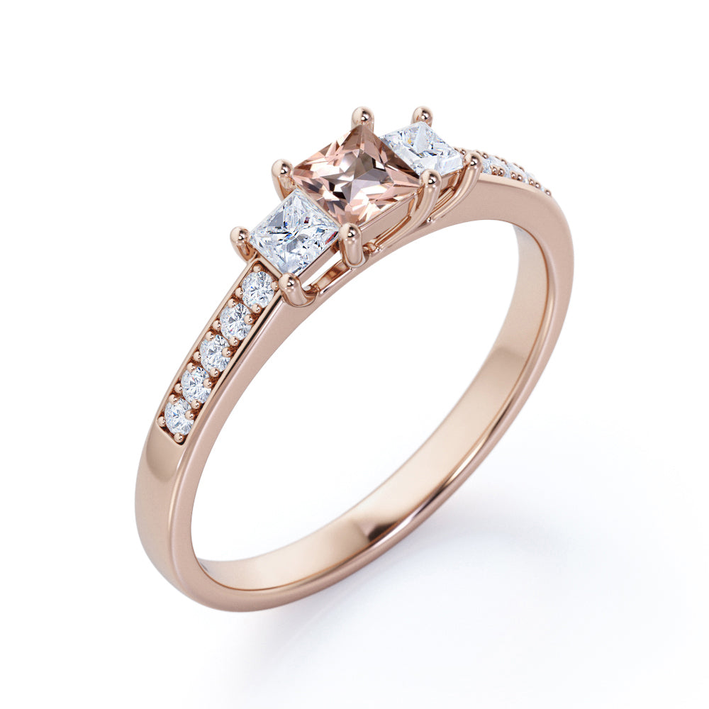 Channel set 0.75 carat Princess cut Morganite and diamond past present future engagement ring in White gold
