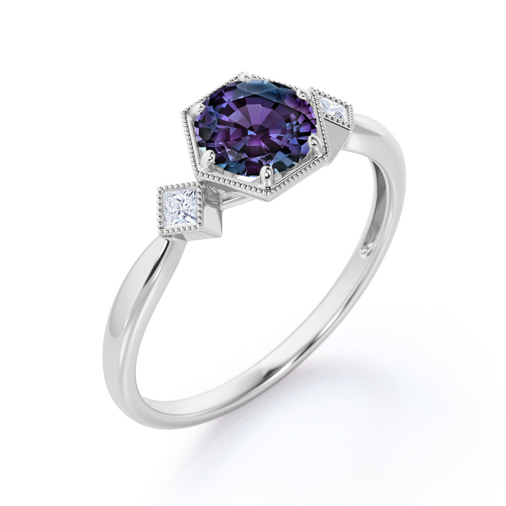 Past, Present and Future 0.6 carat Round cut Alexandrite milgrain setting-tapered shank engagement ring in Rose gold