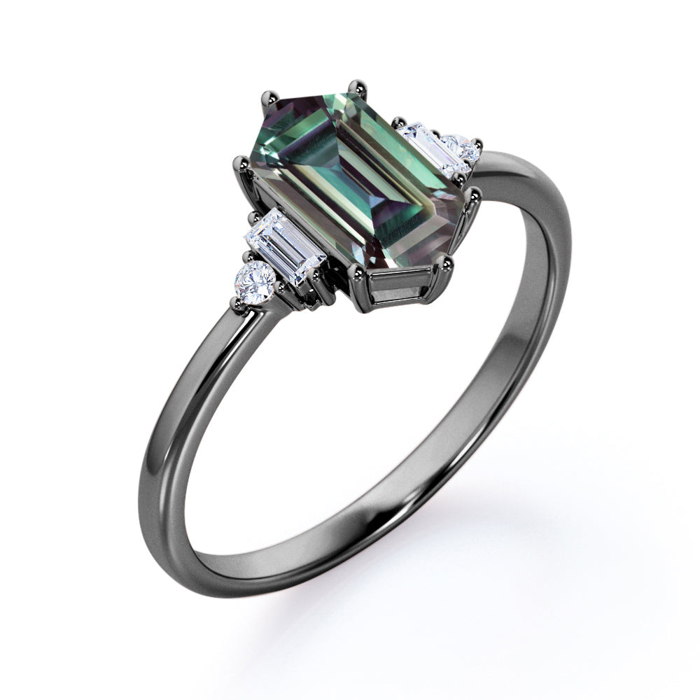 5 stone 1.1 carat Hexagonal Alexandrite and diamond asymmetric engagement ring in White gold