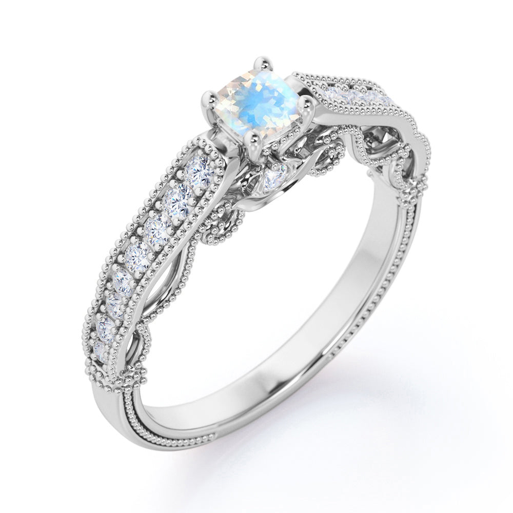 Authentic Filigree and Milgrain 0.75 carat Round cut Rainbow Moonstone and diamond art deco engagement ring in Yellow gold