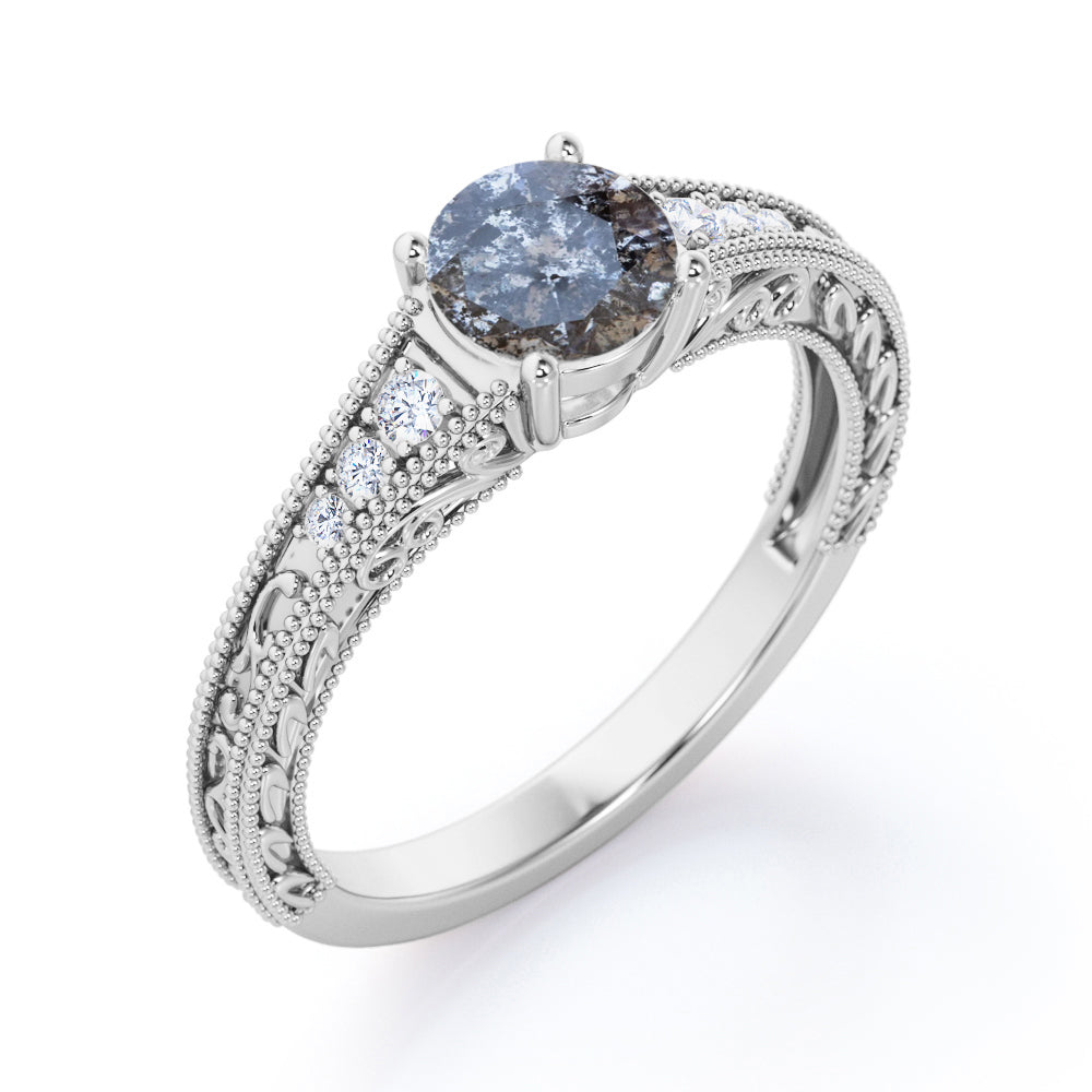Vintage Scrollwork 0.65 carat Round cut Salt and pepper diamond and White diamond Milgrain engagement ring in Rose gold