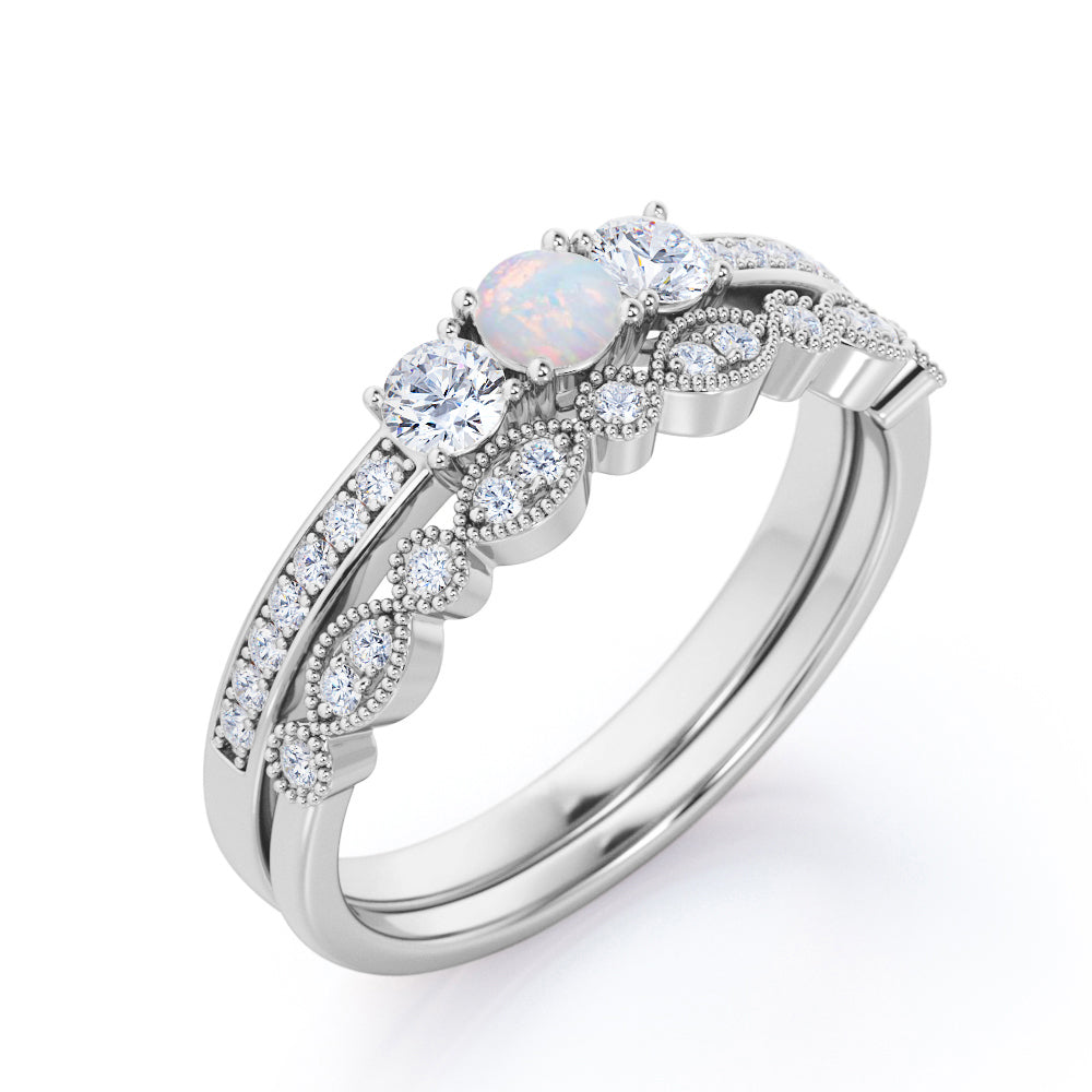 Elegant trilogy 1 carat Round cut Ethiopian Opal and pave diamond Milgrain Bridal set for her in Rose gold
