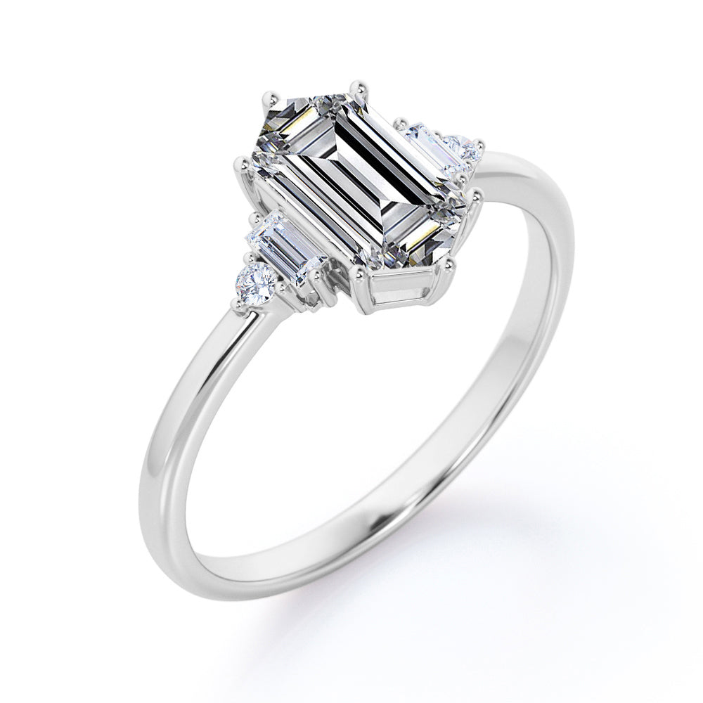 Unique 5 stone 1.1 carat Hexagonal Moissanite and diamonds engagement ring in White gold