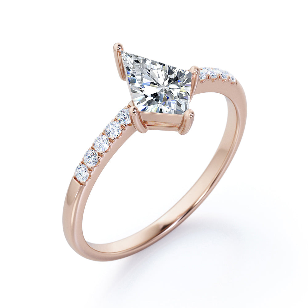 Pave style 1.1 carat Kite shaped Moissanite and diamond classic style engagement ring in white gold